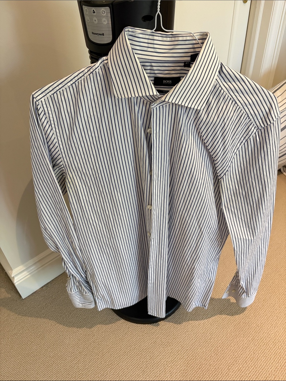 BOSS Men's White Shirt with Navy Pinstripes